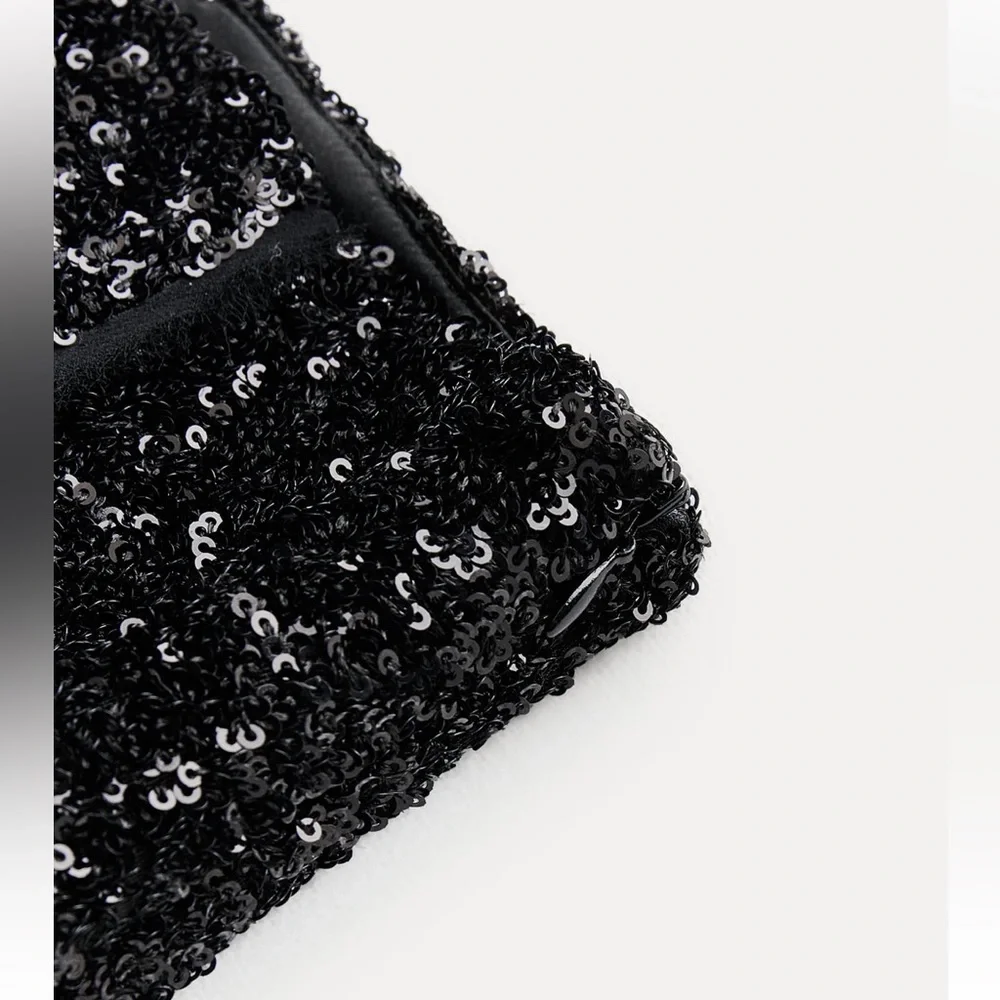 Zara Black Sequin Mini party Skirt mid waist Slit hem ZW Collection size S NWT - Picture 8 of 16